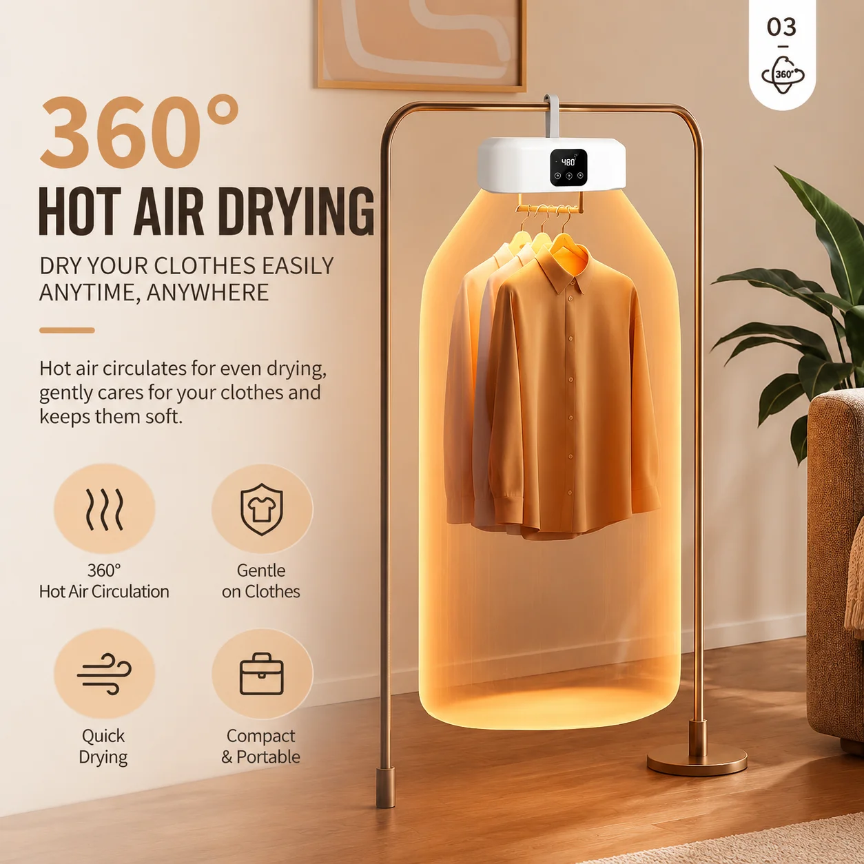 Portable Clothes Dryer, 600W Foldable Mini Dryer with 1-8H Smart Timer & 2 Temperature Settings, Overheat Protection & Quiet