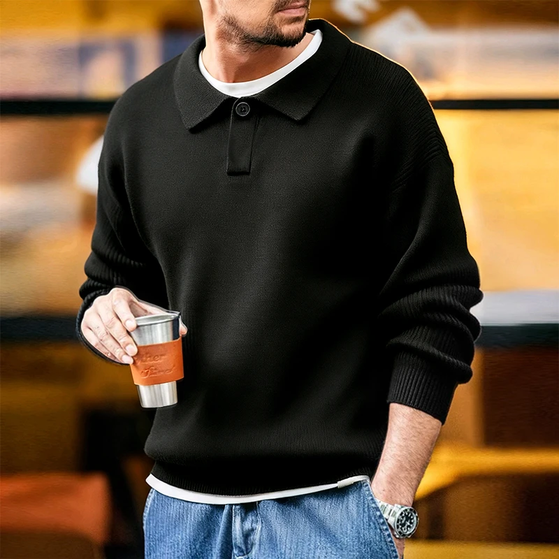 

Autumn/Winter Retro Polo Neck Maden Knit Vertical Woven Polo Shirt Lazy Pullover Sweater Men's Lapel Soft Warm