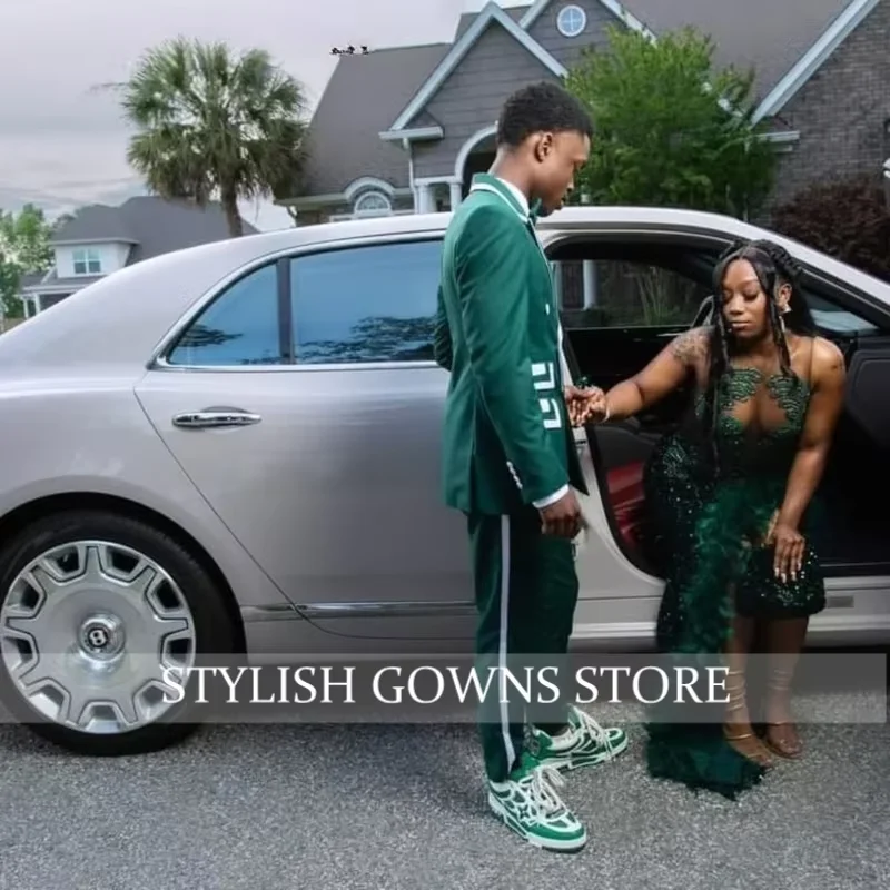 ชุดราตรีงานพรอมแบบดั้งเดิมสีเขียวมรกตไนจีเรียสั่งตัดพิเศษ ผ่าสูง ประดับลูกปัด ชุดราตรีงานเลี้ยงสไตล์แอฟริกัน Aso Ebi