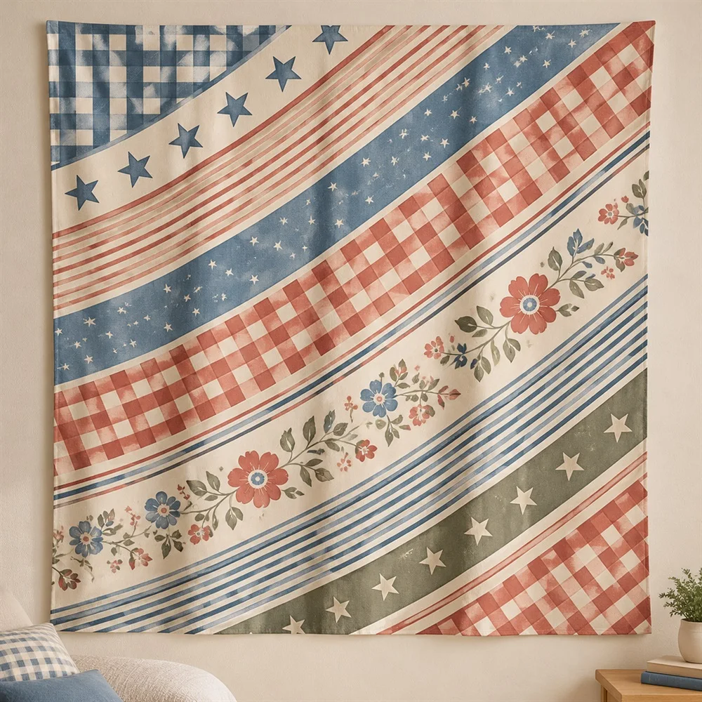 VIKAMA Plaid Check Pattern Diagonal Flow Tapestry Wall Hanging, American Wall Decor Tapestries for Bathroom Bedroom Living Room