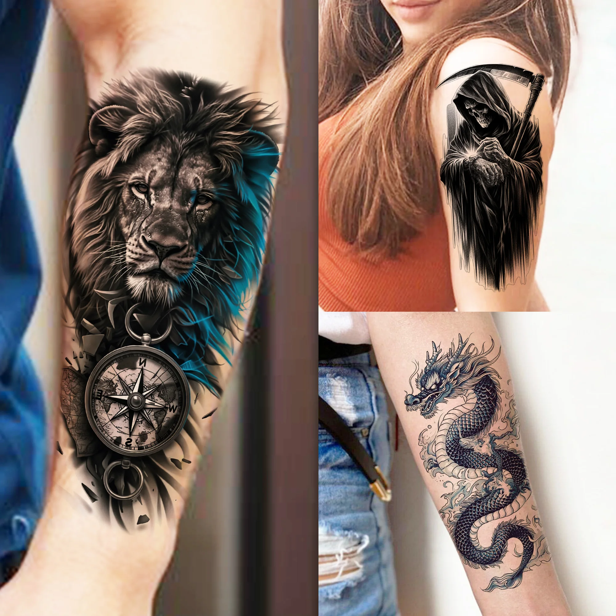 

1 Sheet Fashion Lion Compass Temporary Tattoos For Men Women Realistic Dragon Fake Tattoos Waterproof 3d Tatoo Sticker Last Long