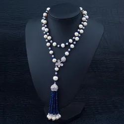 Women's zircon freshwater pearl necklace Lapis Lazuli Pendents Sweater Necklace