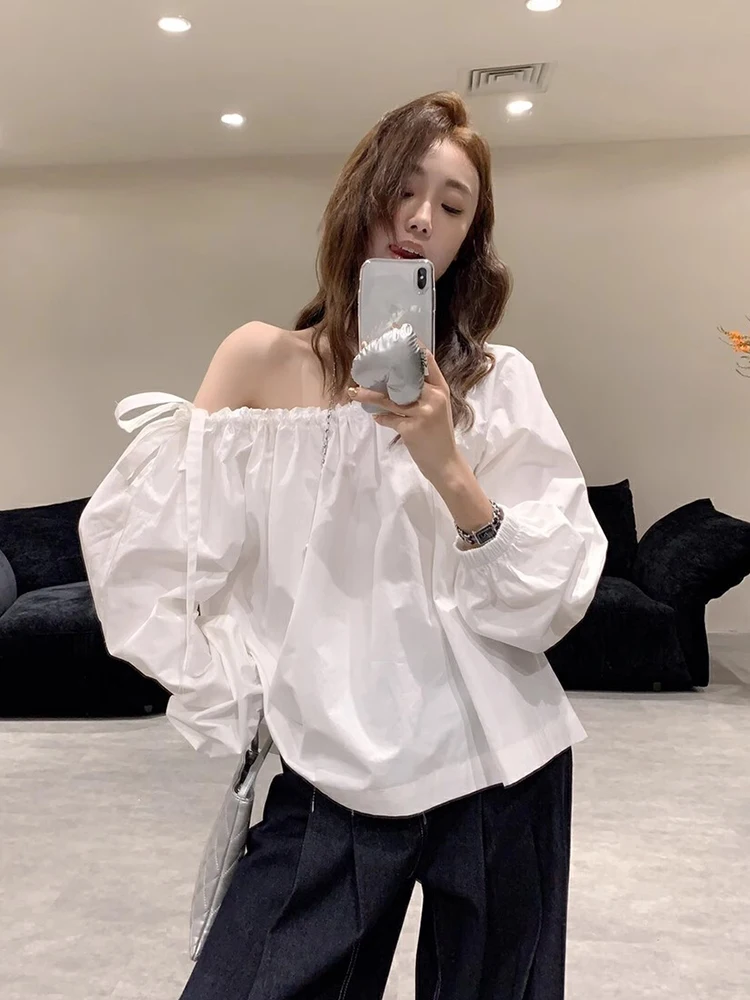 

Spring Chic Off-oulder Bubble-Sve Loose Fit irt Women's Korean Sle Casual Pure Color Long Sve Regular Length