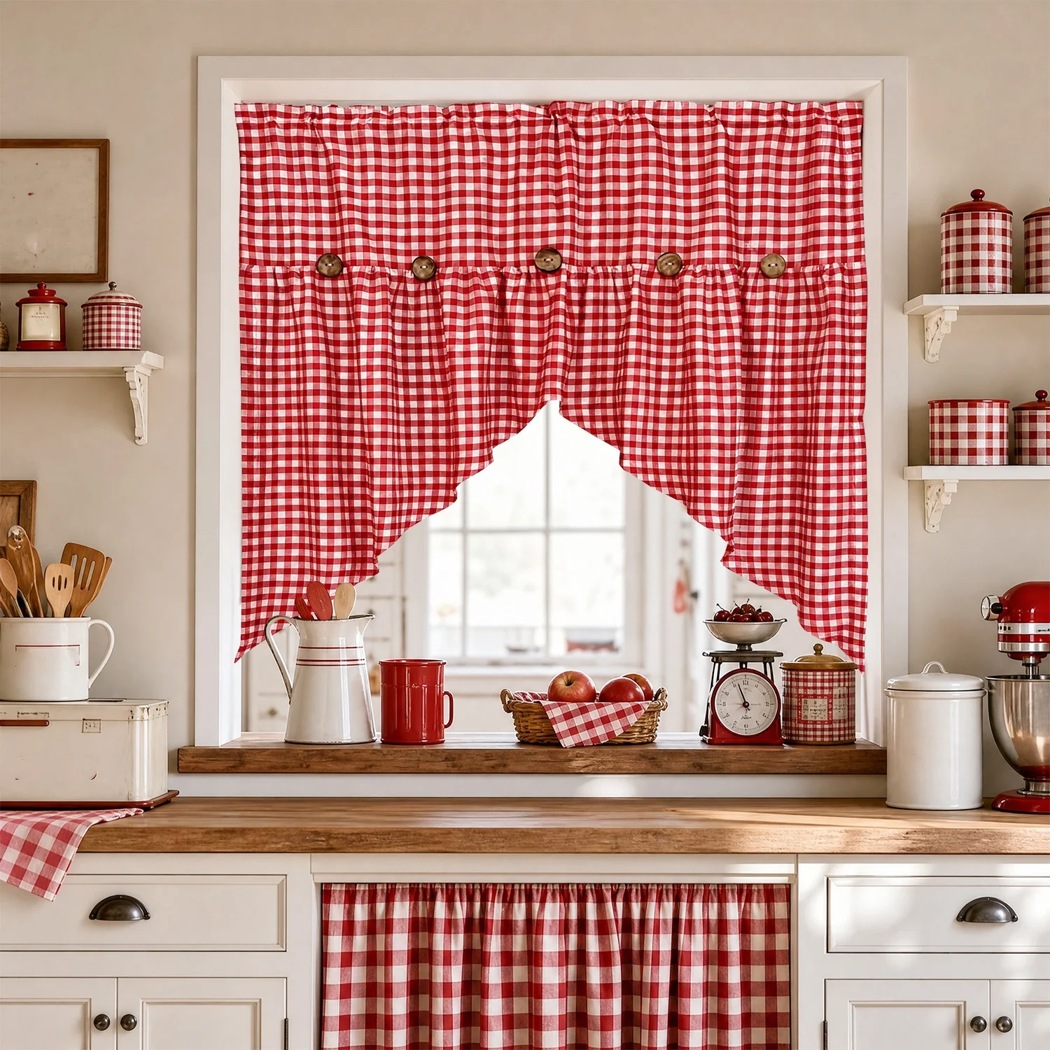 1pc Farmhouse Gingham Swag Valance with Buttons, Vintage Plaid Cafe Curtains,Rod Pocket Kitchen Sink Small Window Treatments