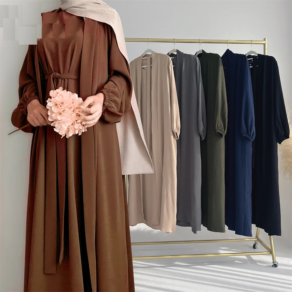 New Abaya Set Crinkle Fabric Open Abaya+Inner Long Dress Islamic Clothing Muslim Women Dresses Set Turkish Kaftan Ramadan Eid