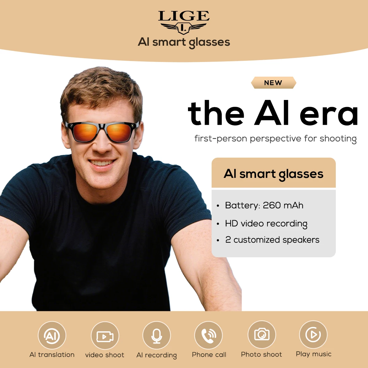 LIGE gafas inteligentes AI traducción Bluetooth llamada asistente de voz Control cámara grabación de vídeo identificar objeto gafas de sol inteligentes