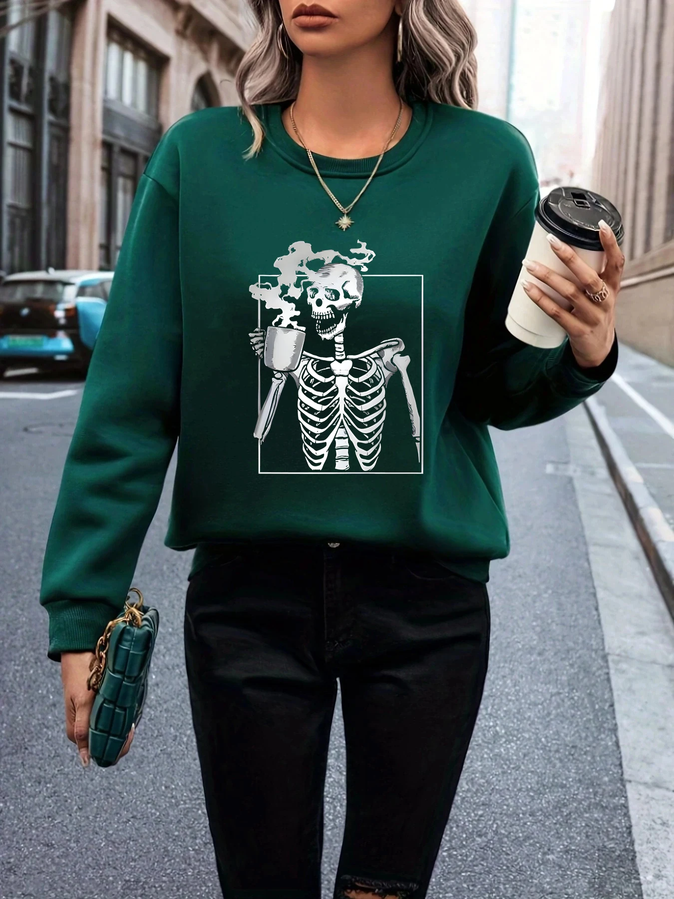 Day of the Dead [Festival Orientation] Sweet Cool Simple Skull Print Casual Hoodless Comfortable Top,Green Women\'s Sweatshirt