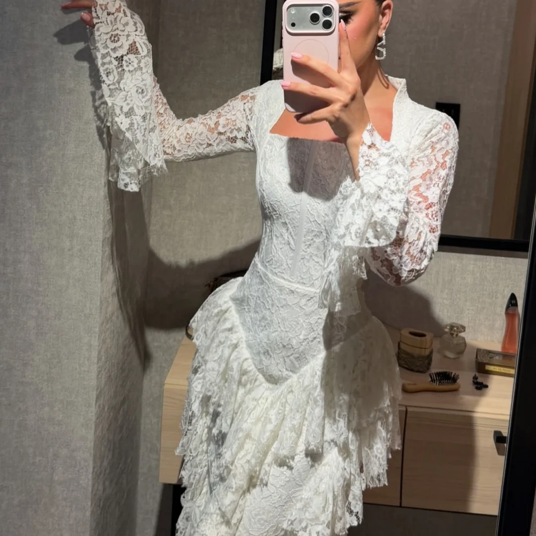 Elegant Full Lace Evening Dress Notched Square Neck Bell Sleeve Boned Corset Multi Layer Ruffle Mermaid Train Formal Long Gown