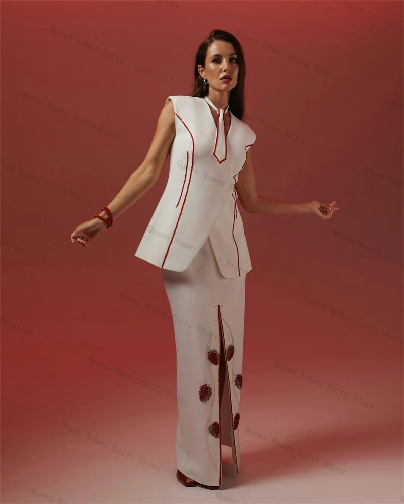 

Luxury Crystals White Women Suit Skirt Set 2 Piece Vest+Prom Dress Formal Office Lady Jacket Wedding Coat Customized(NO Tie)