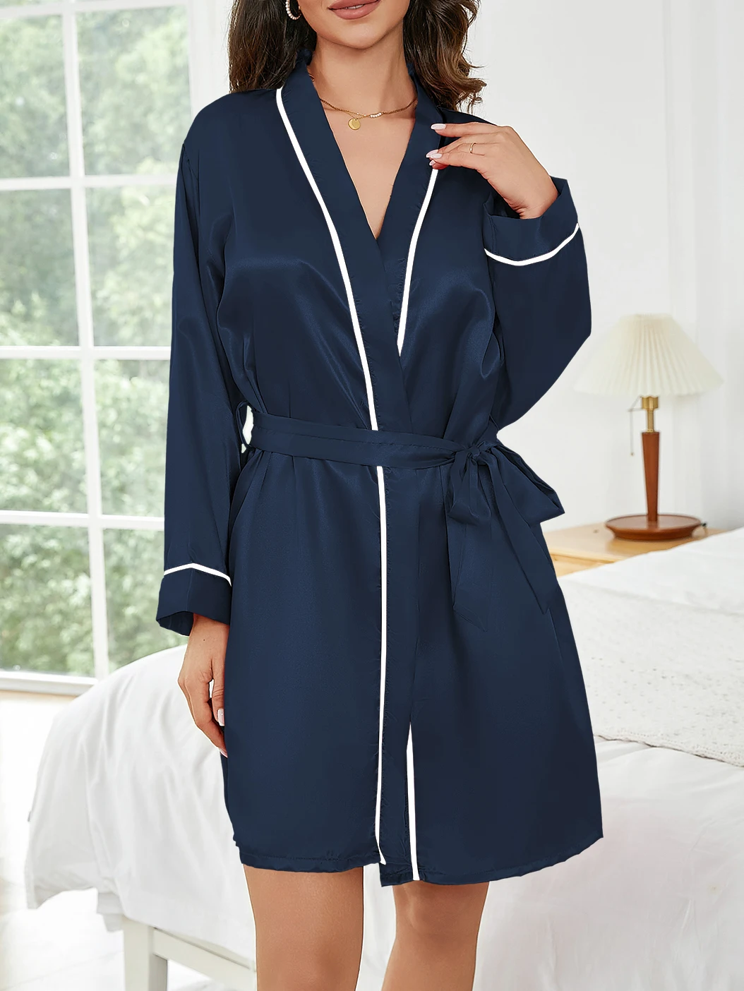 Reine Farbe Kurze Robe Frauen Sommer Dünne Hause Nachtwäsche Casual Bademantel Mode Vielseitig – Detail 18
