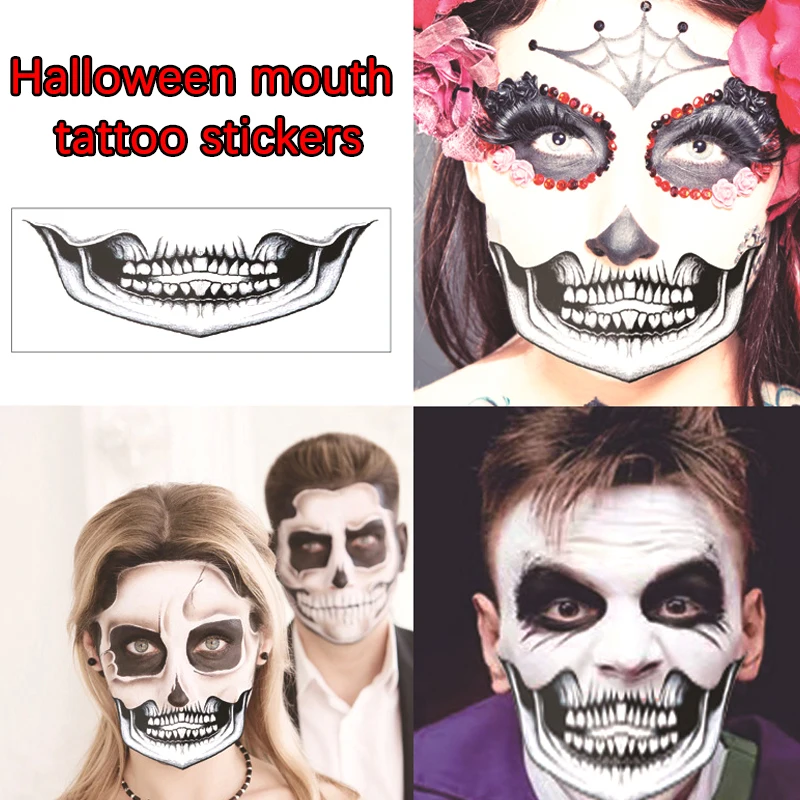 Temporary Tattoos Halloween Makeup 1 Sheets Horror Clown Mouth Stickers Halloween Face Body Makeup Waterproof Realistic Scar