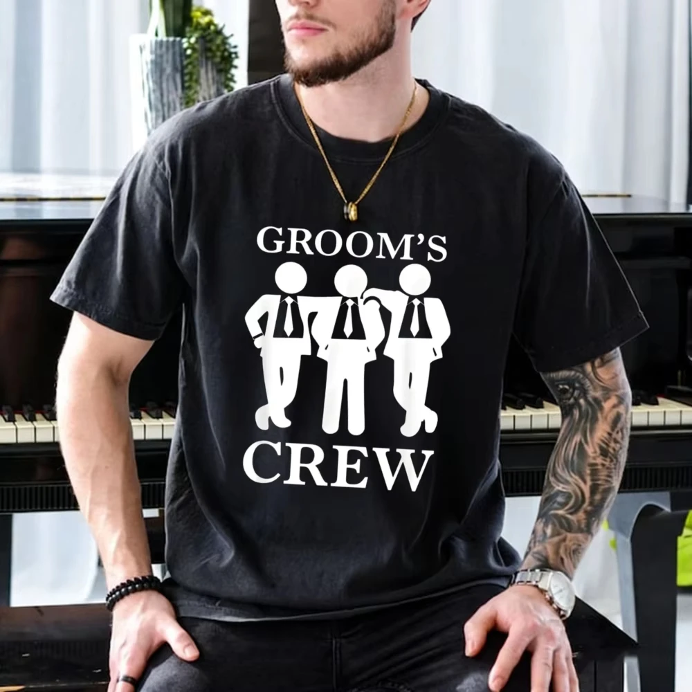 Groom's Crew Suit Stick Figure Cotton Men T-shirt Minimal Wedding Groomsmen Graphic Short Sleeve Tops Bachelor Party Casual Tee