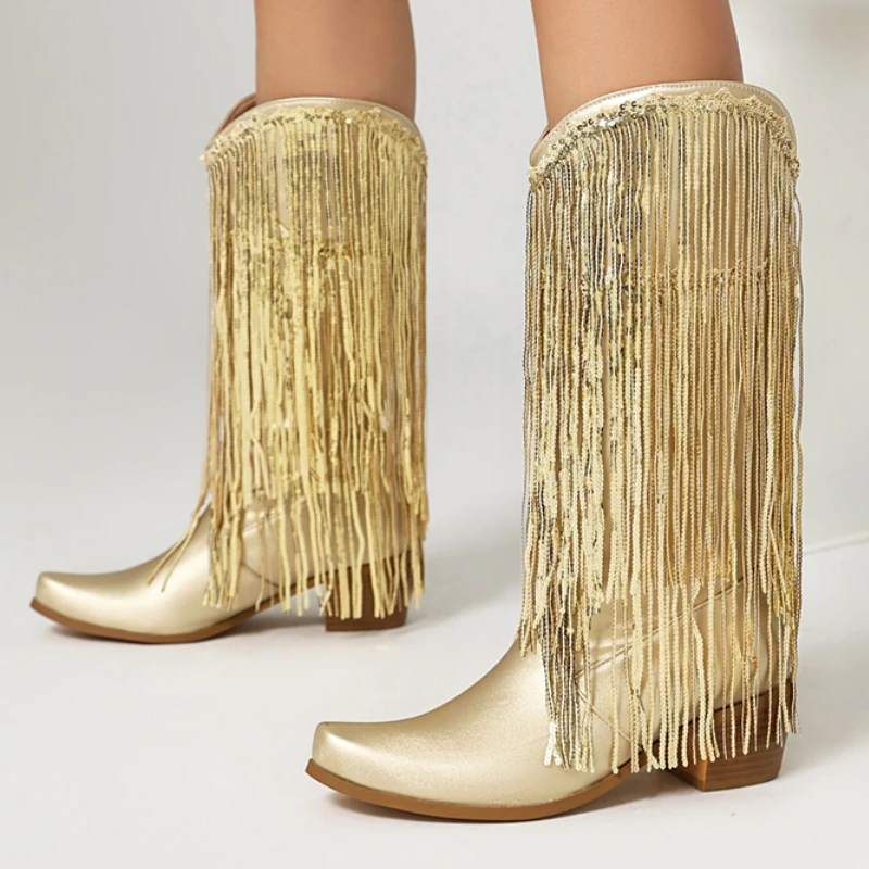 

Big Size 46 Tassel Knee Boots For Women Winter Shoes New Luxury Gold Silver High Heels Boots Party Footwear Shoes New 2025