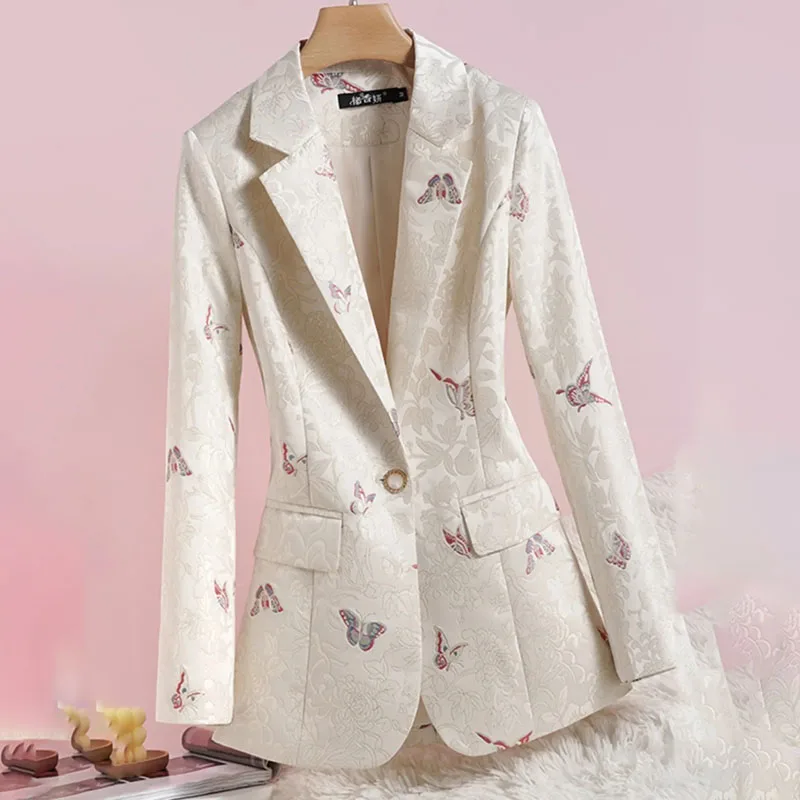 New Women Korean Casual Suit Jacket Spring Autumn Slim Apricot color Print Basic Coat Senior Sense Female Suit Blouse One Button