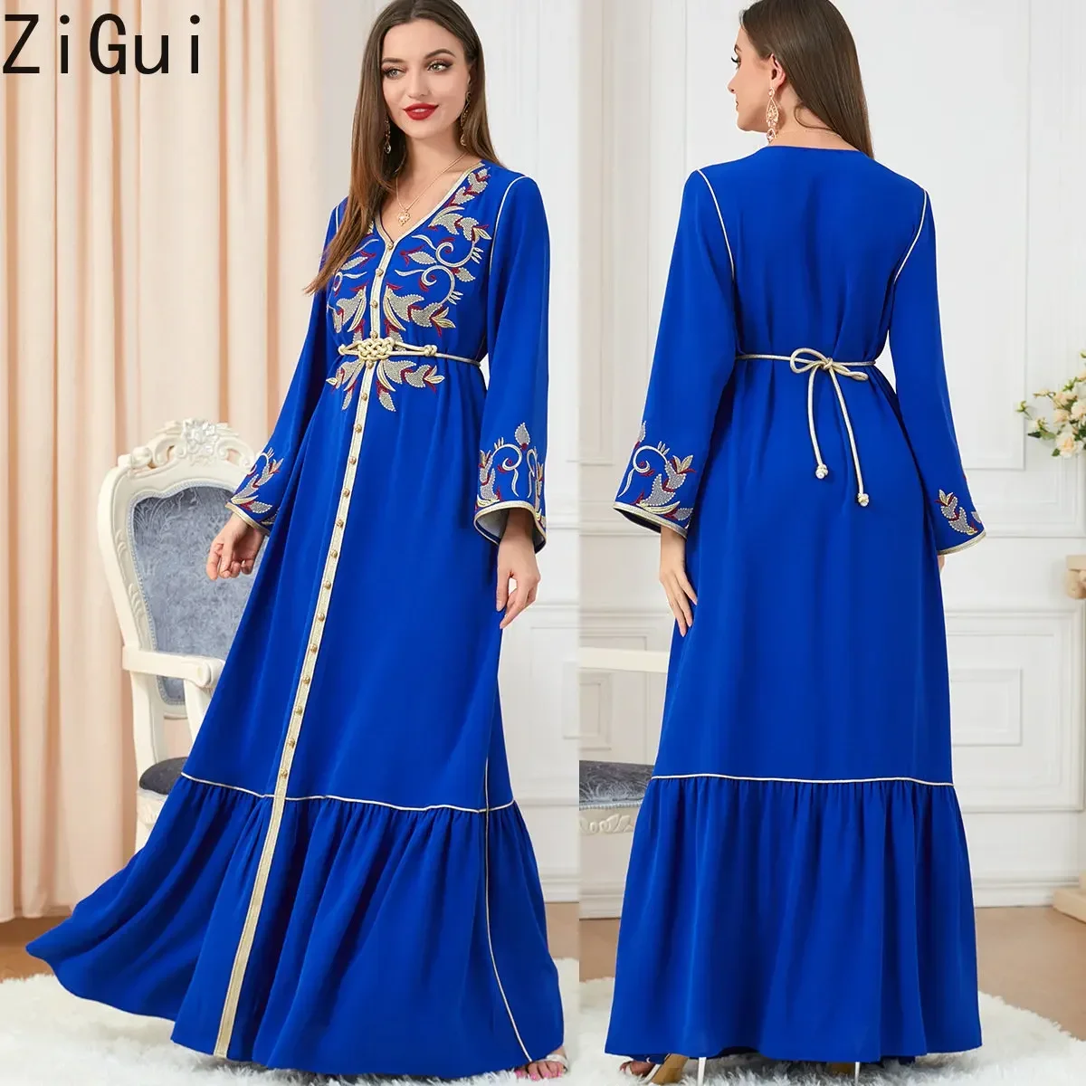 Imagem -03 - Zigui Dubai Vestidos de Luxo Árabe Azul Royal Manga Longa Ouro Bordado v Pescoço com Cinto Novo em Vestidos Maroccan Kaftan Abaya