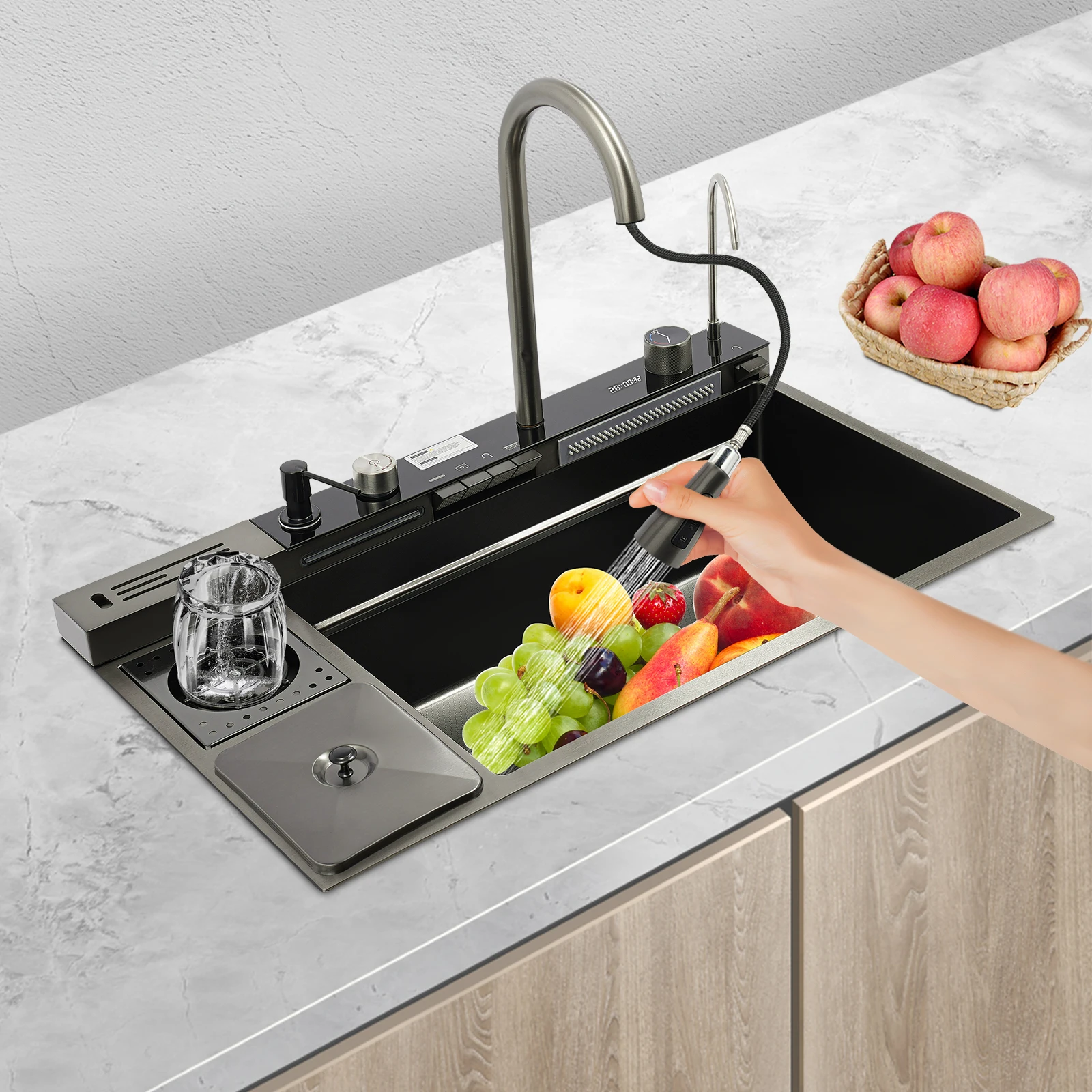 Waterfall Kitchen Sink 304 Stainless Steel Kitchen Sink 820*480mm Multifunctional Digital Display Modern Nano Black  Counter Top