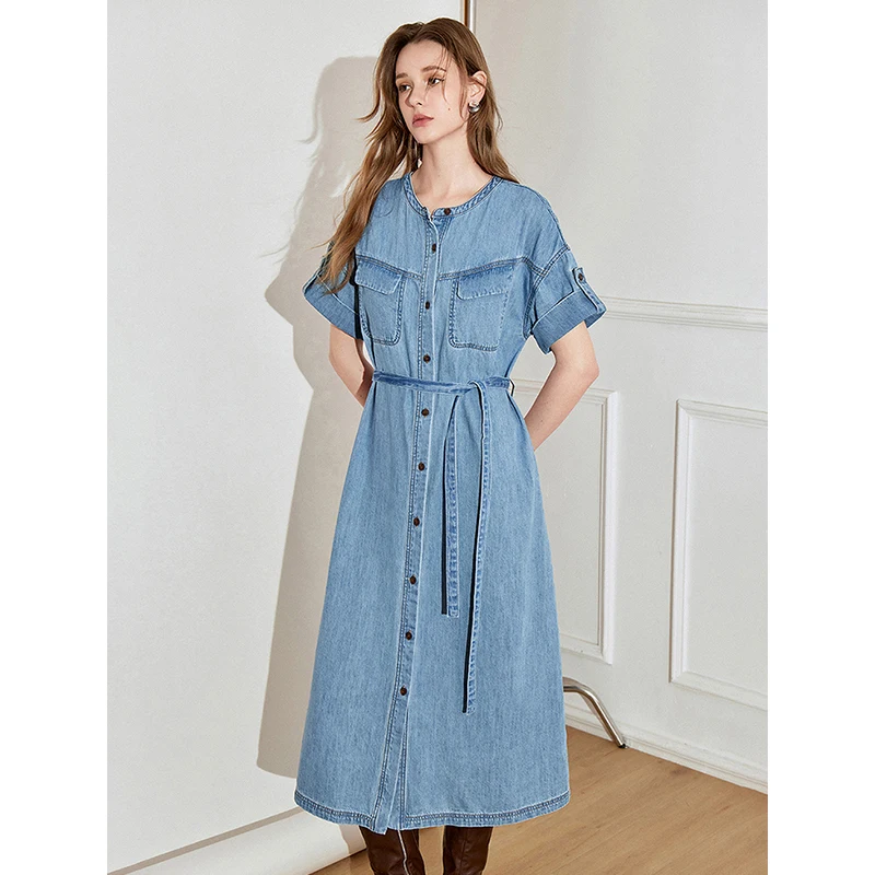 TOYOUTH damska sukienka dżinsowa 2025 wiosna nowy Lyocell octan odzież robocza styl wokół szyi z krótkim rękawem elegancka sukienka