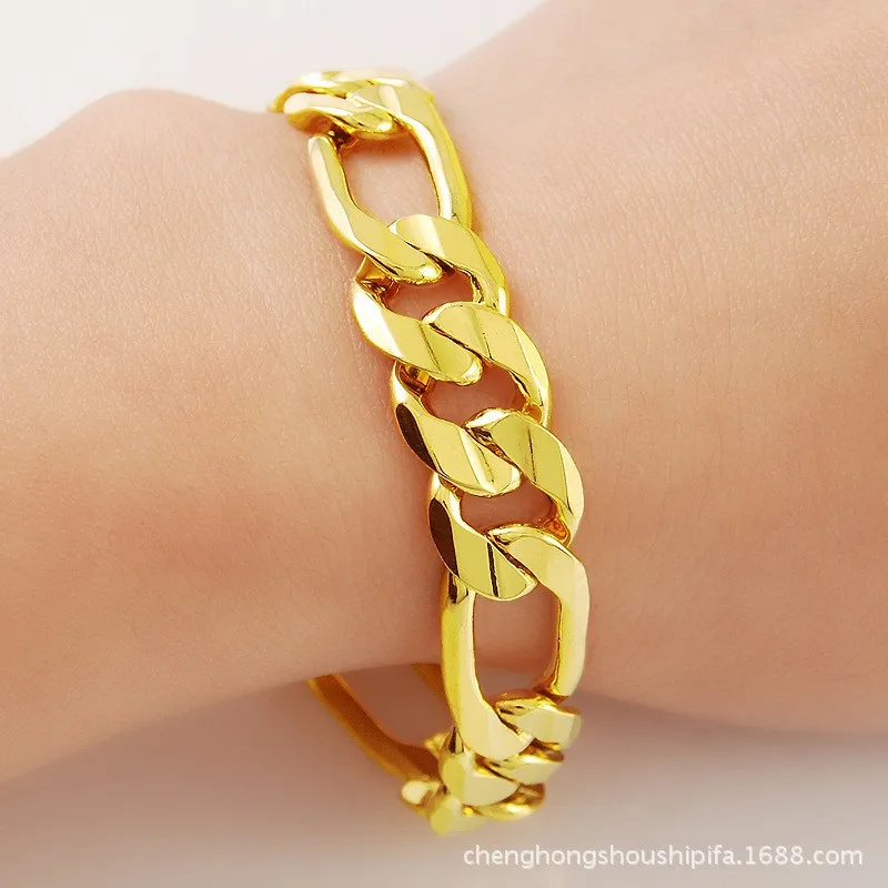 

Luxury 24K 9999 Pure Gold real gold Wide 6MM 8MM 10MM Men Sideways Three to One Cuban Boss Bracelet