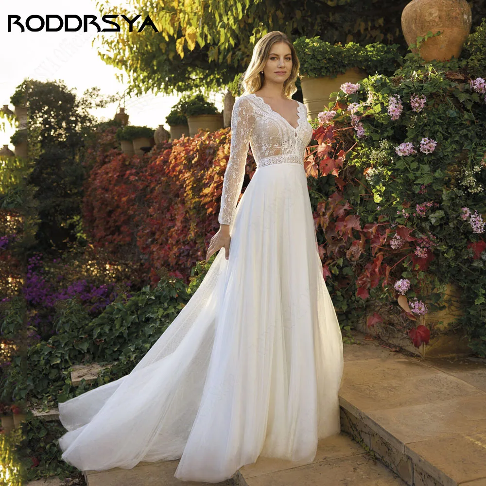 RODDRSYA gaun pernikahan renda gaun pernikahan V-Neck Lengan Panjang punggung terbuka A-Line Applique menyapu gaun pengantin gaun pengantin Robe De Mariage