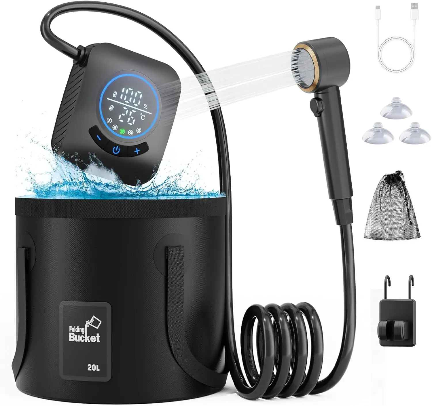 

Portable Camping Shower 8000mAh Rechargeable with 20L Bucket IPX8 Waterproof for Outdoor RV Travel Hiking Pet Bath
