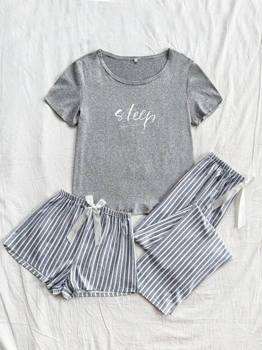 

Women 3-Piece Striped Sleepwear Set With Short Sleeve Top And Shorts Plus Long Pants