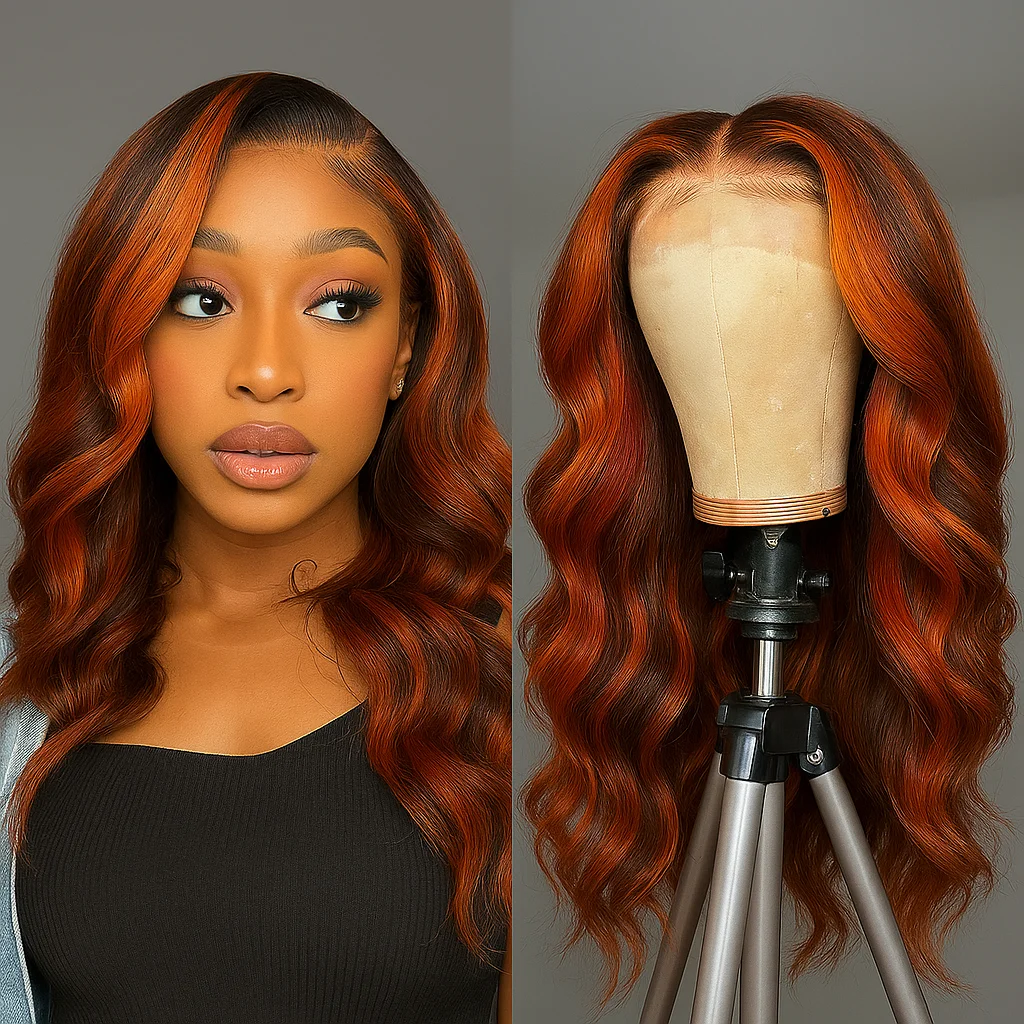# 4/350 marrón jengibre resaltado Bob corto cuerpo onda peluca con malla frontal cabello humano 13x4 sin pegamento Ombre Balayage pelucas para mujeres negras