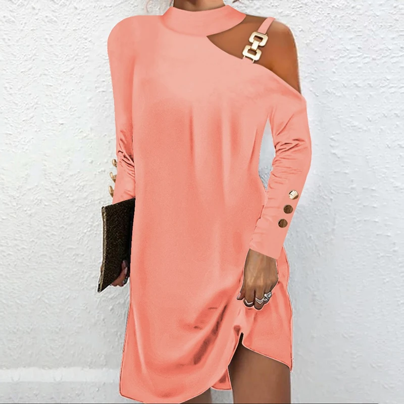 

Spring Summer Female Dress Off Shoulder Solid Long Sleeve Button Turtleneck Fashion Elegant Commute Slim Women New A-line Dress