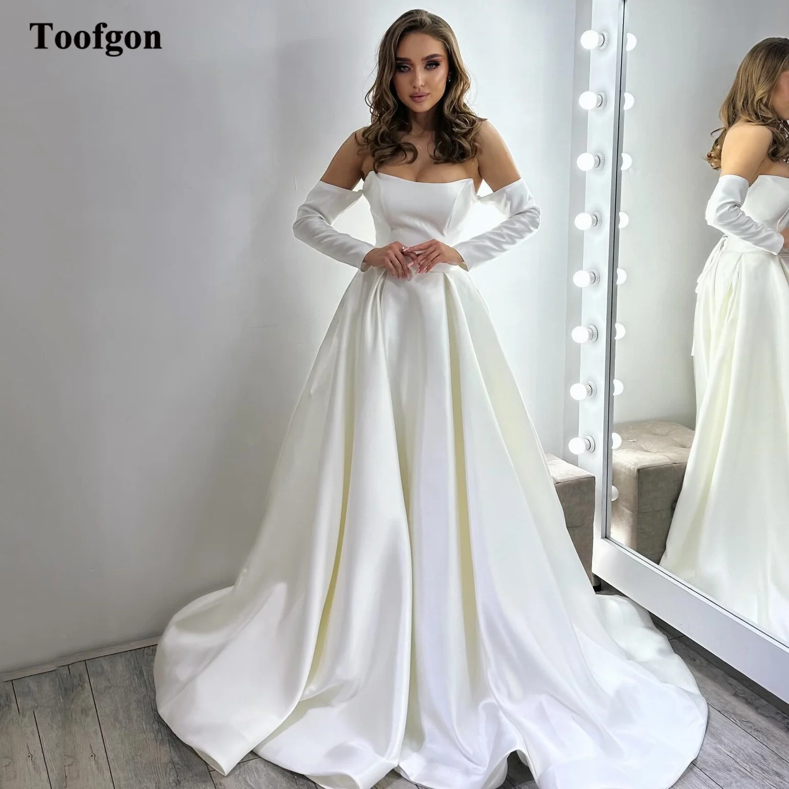 

Toofgon A Line Satin Bride Wedding Dresses Customized Long Sleeves Corset Bridal Gowns Formal Party Wedding Photography Dress