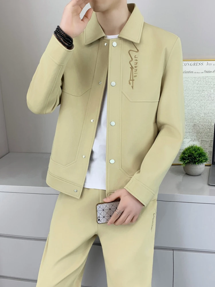 

Spring Autumn New Air Cotton Trendy Men's Jaet Collar Two-Piece Set Faionable Casual Ensemble Stand Fit Polyester Fabric