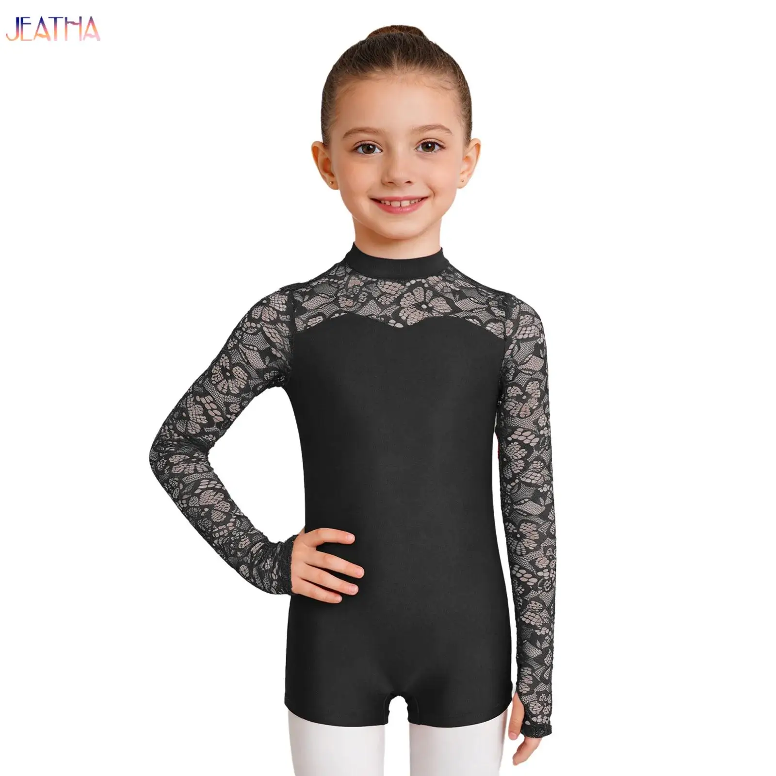 

Leotards for Girls Gymnastics Kids Stretchy Lace Patchwork Long Sleeves Keyhole Back Dancewear Children Ballet Dance Jumpsuit