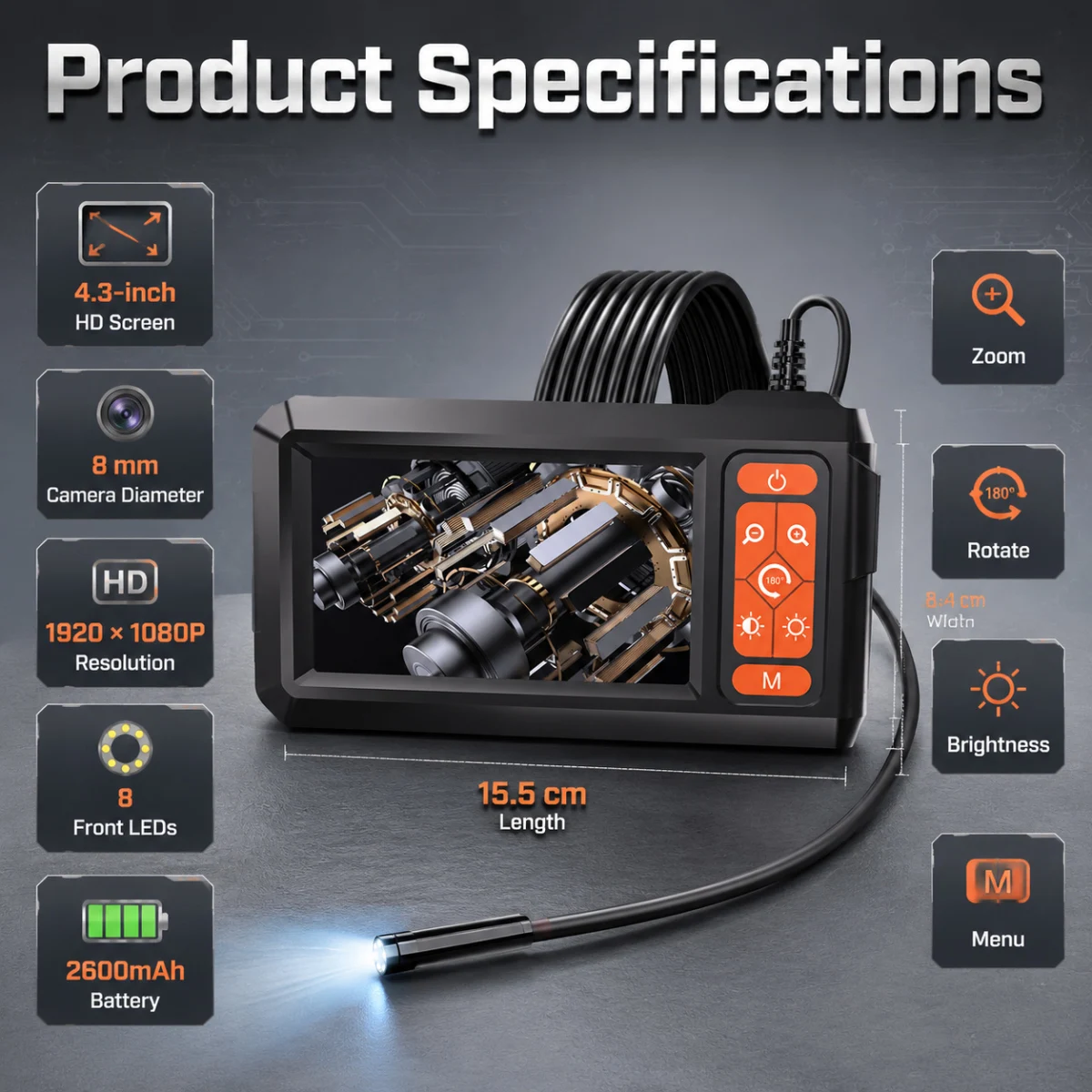 8mm Automotive Endoscope Camera 4.3 Inch 1080P HD Industrial Borescope Snake Inspection Auto Engine Pipe Cylinder