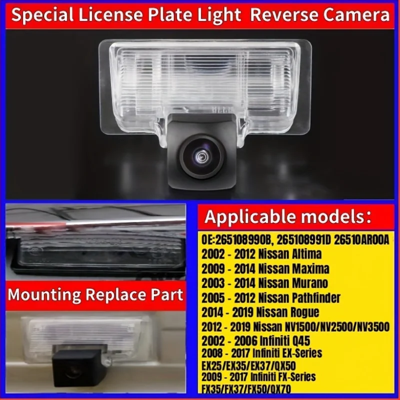 OEM Fit for Nissan Altima Backup Camera & License Plate Light Replacement - Night Vision Parking Aid, Full Color Night Vision