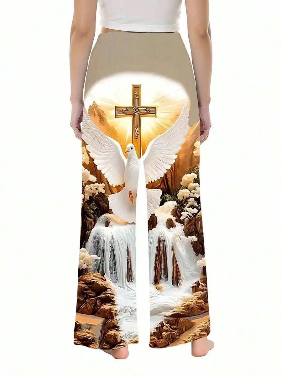 

Women Wide Leg Pants Religious Cross And Dove Print Waterfall Mountain Scene Casual Leisure