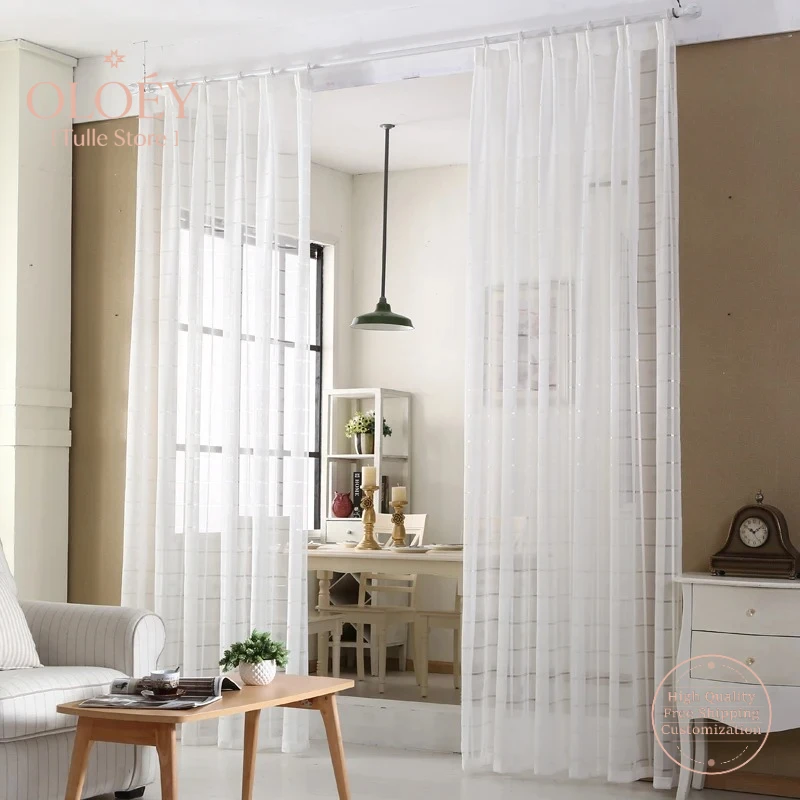 

Squares White Tulle Curtains for Living Room Soft Hand Feeling Plaid Modern Curtains for Kids Bedroom Solid Sheer Voile Tulle