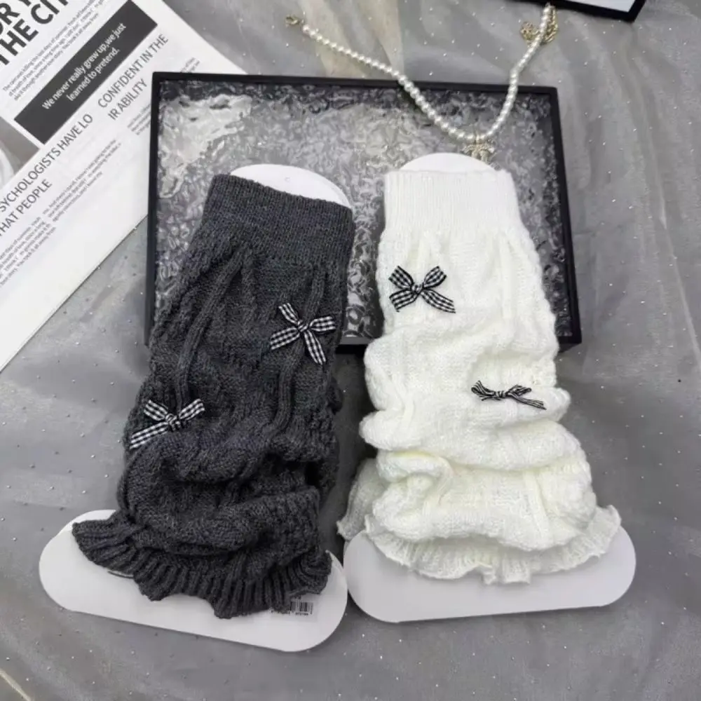 Knitted Style Bow Tie Leg Warmers Pile Stockings Japanese Style Knee High Socks Lolita Wear Vertical Stripe Stacked Socks