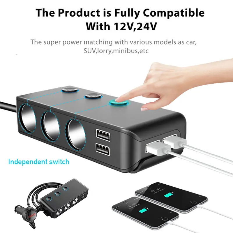 SEAMETAL Car Charger QC3.0 Fast Charging Cigarette Lighter Adapter 4 USB Ports 120W Phone Charger with Switch Voltage Display