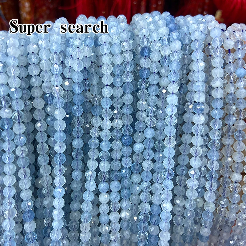 Natural Aquamarine Faceted Gemstone Round Stone Loose Beads With Cut Surfaces for Jewelry Making DIY Bracelets Necklace Strand