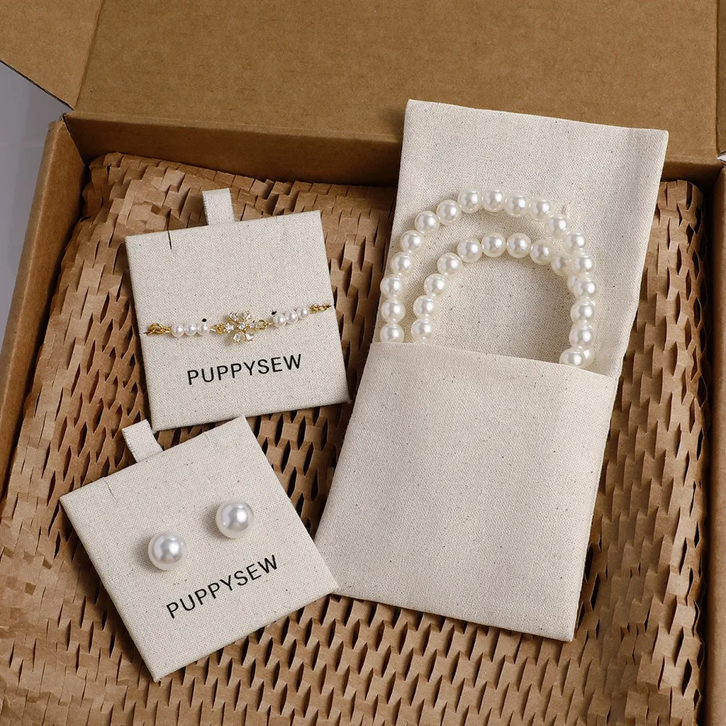 Dust-Proof Jewelry Bag Beige Cotton Jewelry Storage Pouch Necklace Storage Bag Ivory Inner Card Jewelry Pouch For Earring Gift