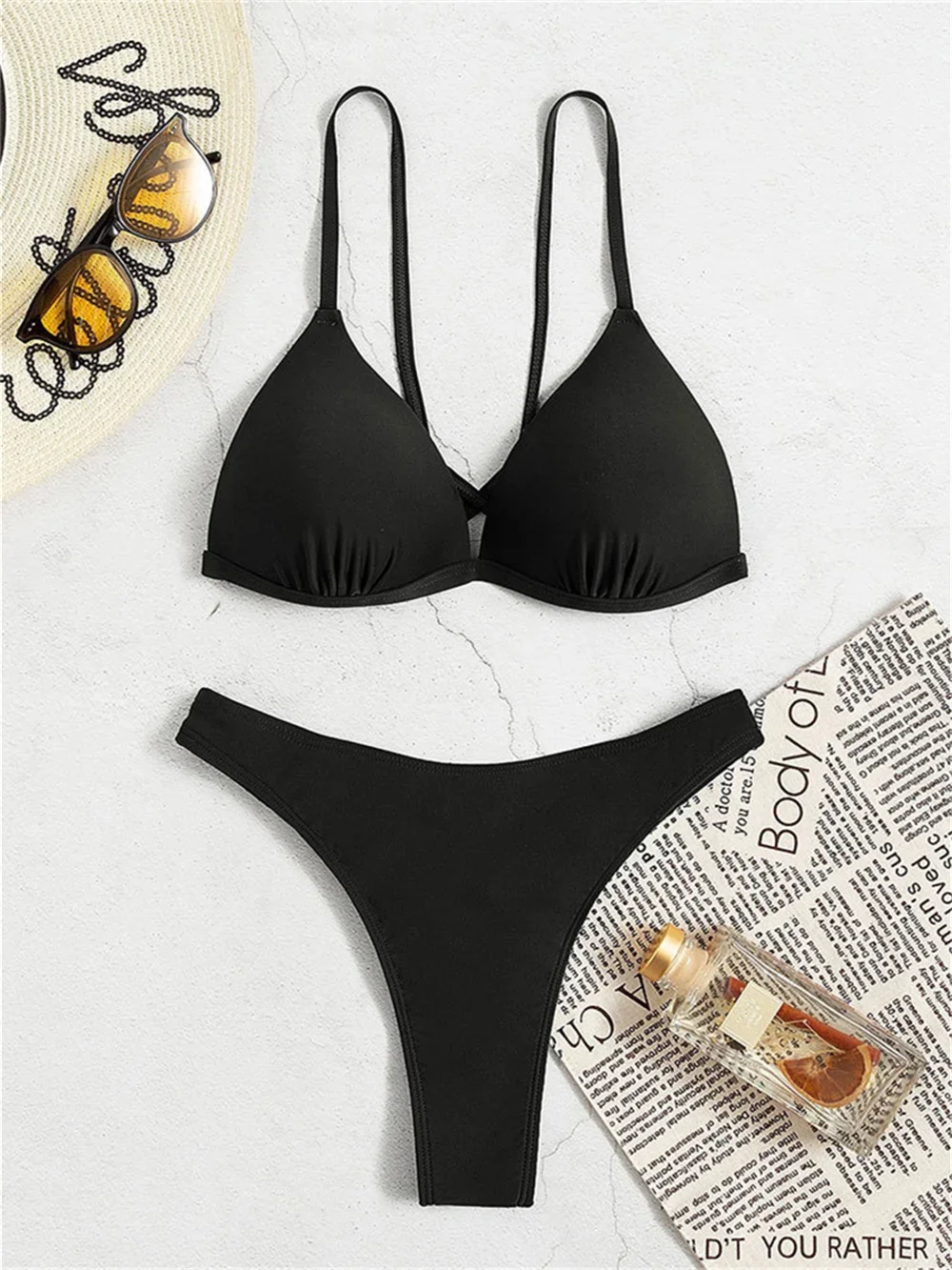 

Black Sling Bikini Cross Bandage Backless Swimsuit Lace Up String Rose Red Y2K Swimwear Padded Women Beach Swimming Bathing Suit