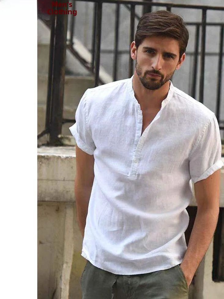

Men's Slim Fit Short Sleeve Linen Shirt Henry Style Casual Versatile Breathable Cotton Linen Blend Half Button Design Autumn ...