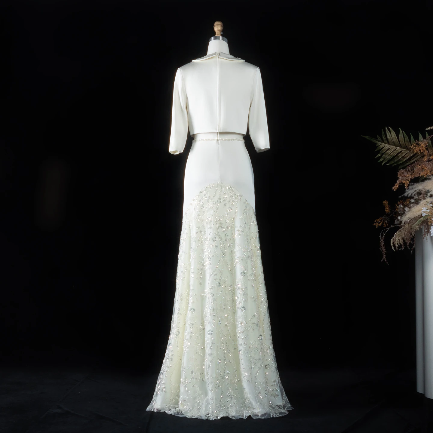 Sharon Said Beige Satin Zweiteiliges Abendkleid mit schweren Pailletten, floralen Perlenstickereien, A-Linie, formelle Partykleider SS214, maßgeschneidert – Detail 11