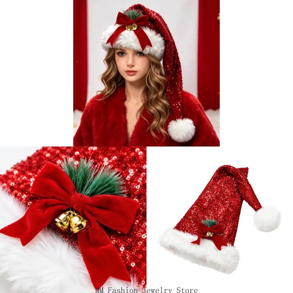 Sequined Christmas Cap with Bows and Jingling Bells Decors for Festival Photo Wear D0UB