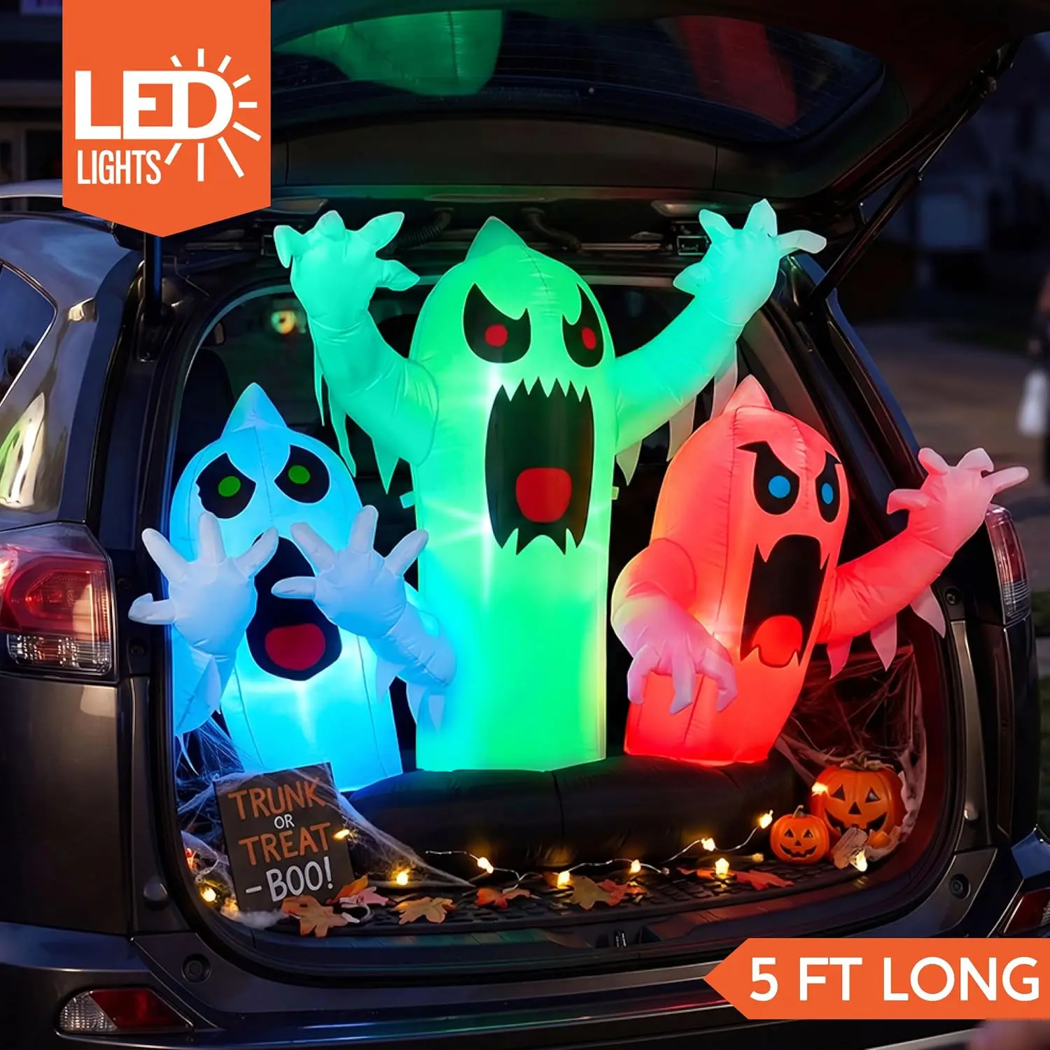 5FT Long Halloween Inflatable Trunk or Treat Car Decoration Kit with Colorful LEDs Blow Up Spooky Inflatable Ghost Trio Yard Decor for Halloween Car Decoration Lawn Party Outdoor Decor