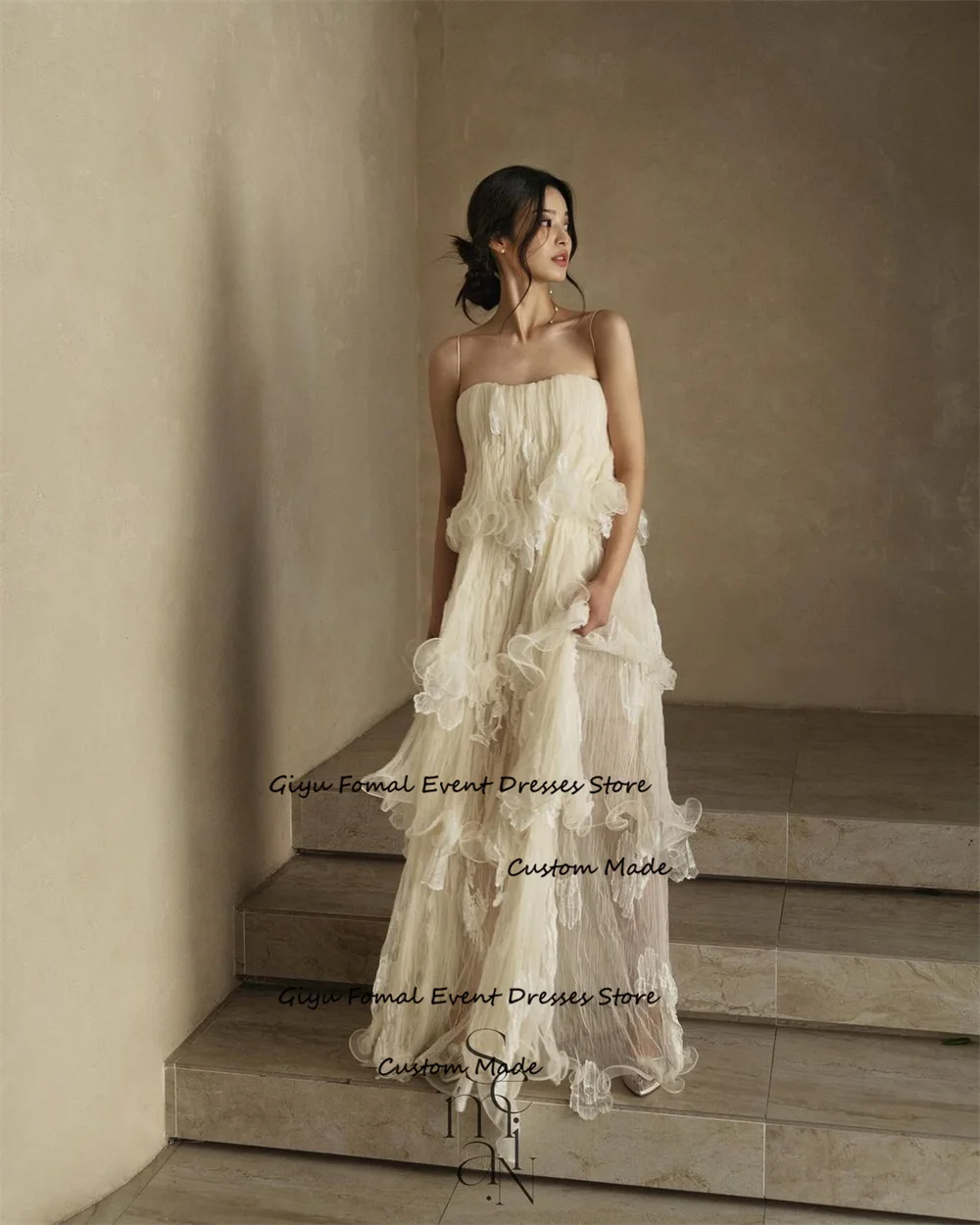 Giyu-vestido de novia plisado de estilo moderno para Sesión de fotos, vestido de noche con tirantes finos, escalonado, largo hasta el suelo