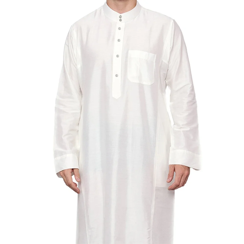 جديد وصول البوليستر الرجال طويل Thobe الوقوف طوق جيب تصميم الخريف قطر Tawab العربية الشرق الأوسط بقعة بالجملة