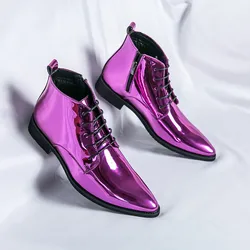 Fashion Design Pink Men High Top Wedding Shoes Leather Bright Chelsea Boots For Man Flat Lace-up Men's Pointed Boots Big Size 47