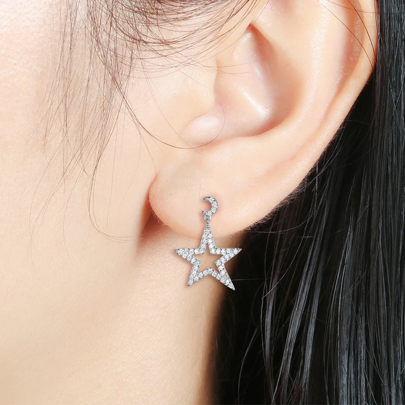 925 Sterling Silver Moon Star Hanging Shiny Zircon Stud Earrings White Space Women Jewelry Korean Original Design