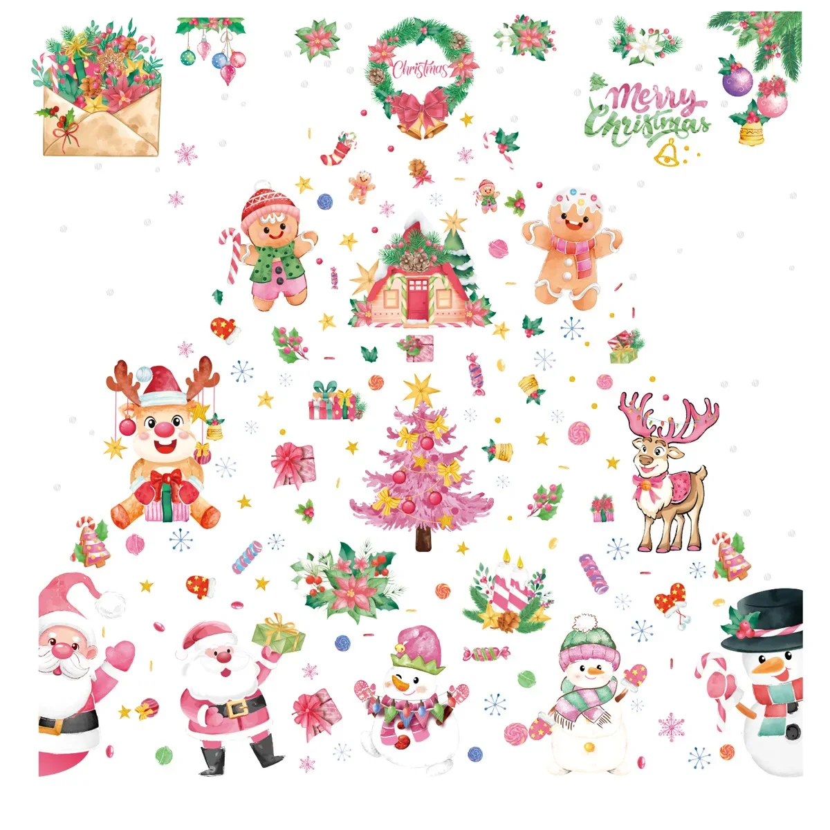 Christmas Window Stickers Pink Santa Claus Xmas Tree Reindeer Gingerbread Man Glass Wall Stickers Merry Christmas Happy New Year