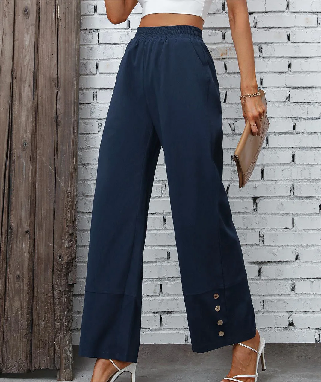 

Autumn women's solid color elastic waist straight casual long pants for women