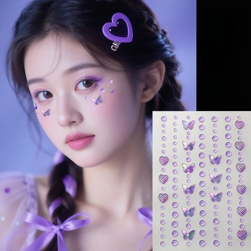 Autocollants pour le visage en forme de cœur, de papillon et de bulle, avec strass, rose et violet, autocollants brillants pour la décoration du maquillage lors de concerts et de festivals